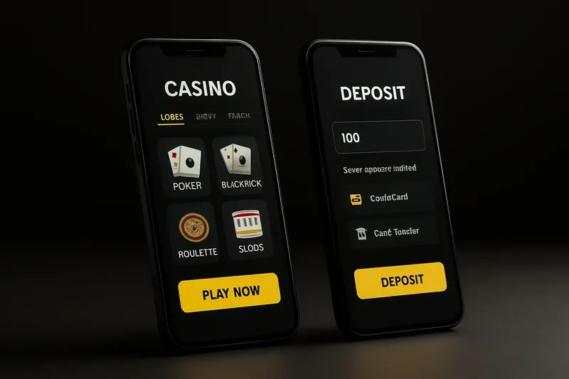 Two smartphones displaying dark casino app lobby and deposit screen