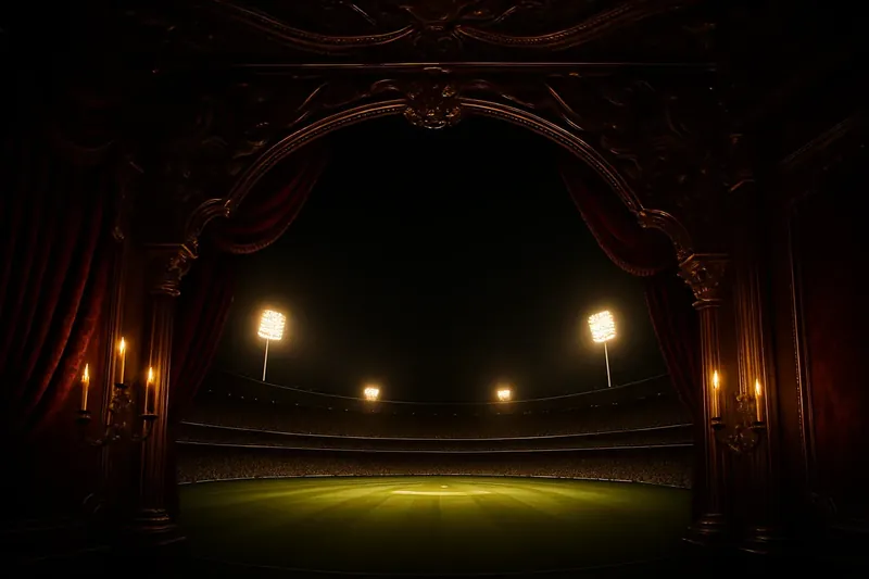Aerial view of illuminated cricket stadium with floodlights and packed stands