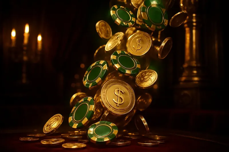 Golden coins and casino chips falling with green neon lighting