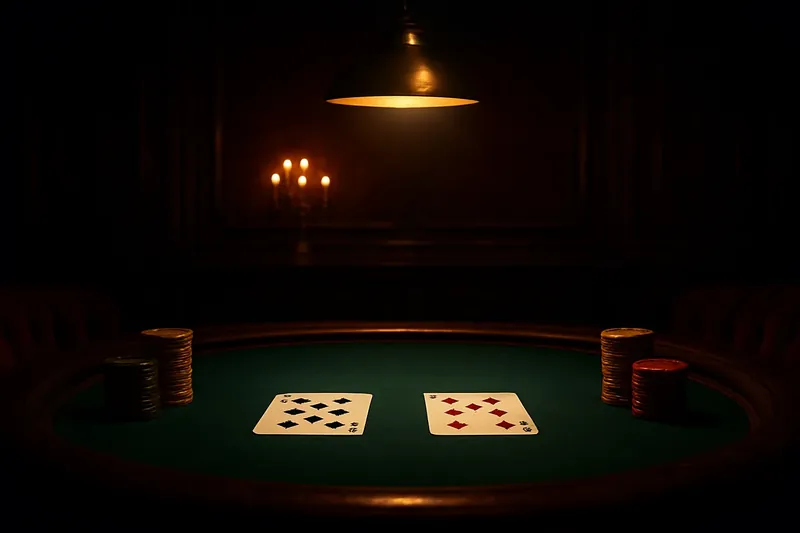 Face-up baccarat cards and chip stacks on green felt table