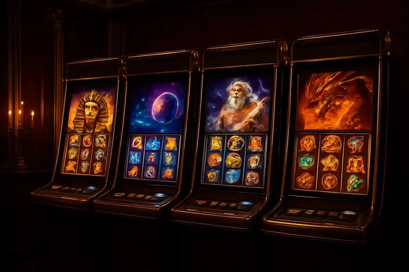 Five vivid video slot screens with neon lighting and themed graphics
